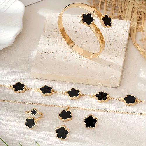 Five-color lucky flower alloy jewelry set (5 pieces) - high-quality necklace, bracelet, ring and earrings