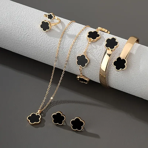 Five-color lucky flower alloy jewelry set (5 pieces) - high-quality necklace, bracelet, ring and earrings