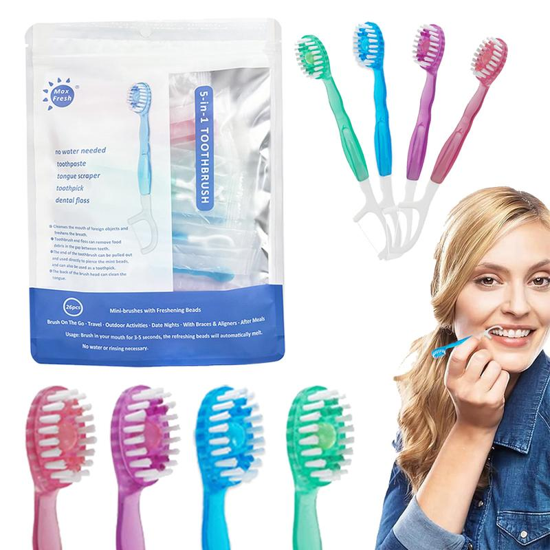 26PCS 5-in-1 Mini Brushes Disposable Toothbrushes with Toothpaste and Pick