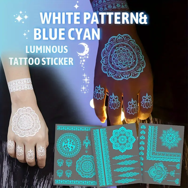 6 Sheets Blue Luminous Tattoo Stickers Tribal White Lace Lotus Tattoos Mandala Flower Fake Jewelry Pendant Pattern