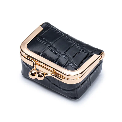 Genuine Cowhide Leather Mini Kiss-Lock Pouch (Crocodile Pattern)