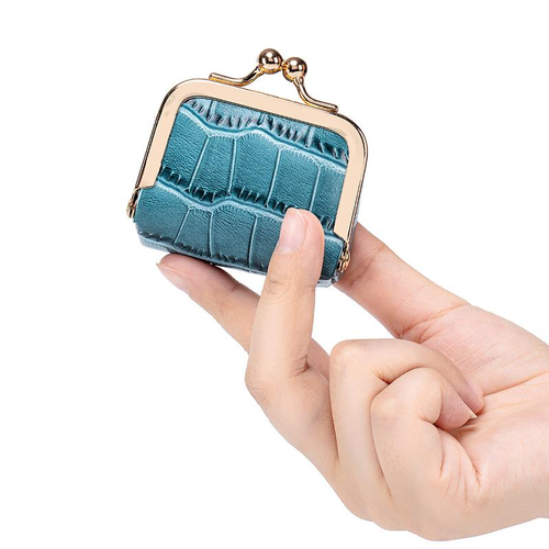 Genuine Cowhide Leather Mini Kiss-Lock Pouch (Crocodile Pattern)