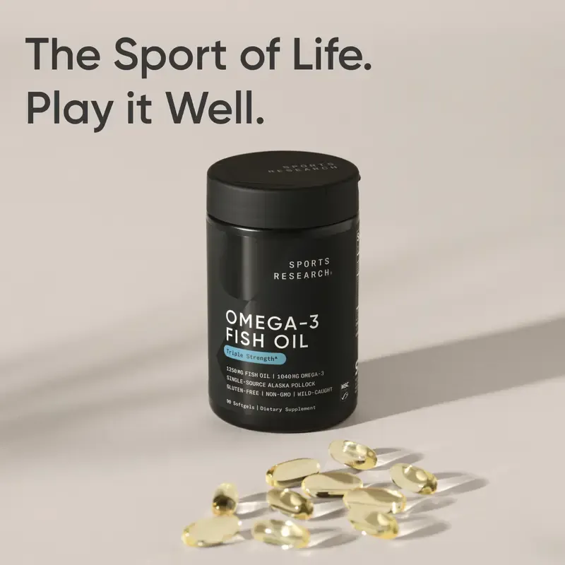 Sports Research Triple Strength Omega 3 Fish Oil - Burpless Fish Oil Supplement w- EPA & DHA Fatty Acids from Wild Alaskan Pollock - 1250 mg, 90 ct