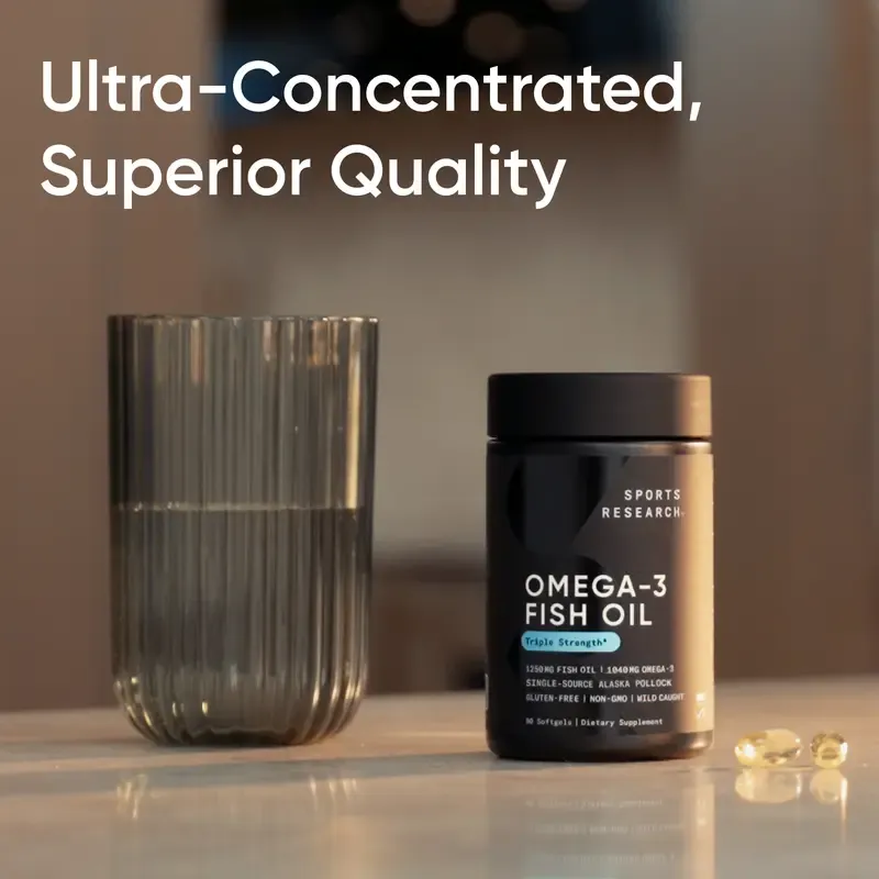 Sports Research Triple Strength Omega 3 Fish Oil - Burpless Fish Oil Supplement w- EPA & DHA Fatty Acids from Wild Alaskan Pollock - 1250 mg, 90 ct