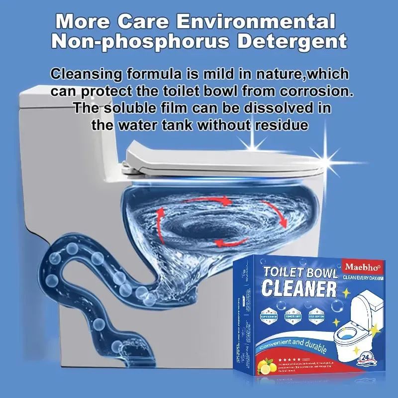 12PCS-24PCS Tank-Only Non-Bleach Wet-Activated Toilet Bowl Cleaners - Auto-Cleans Every Flush, Soluble Film, Residue-Free, Deodorizing, Stain-Resistant, Safe & Effective Household Packets, Light Blue Cleaning Water, 7-10 Days Use, Home Cleaning Supplies