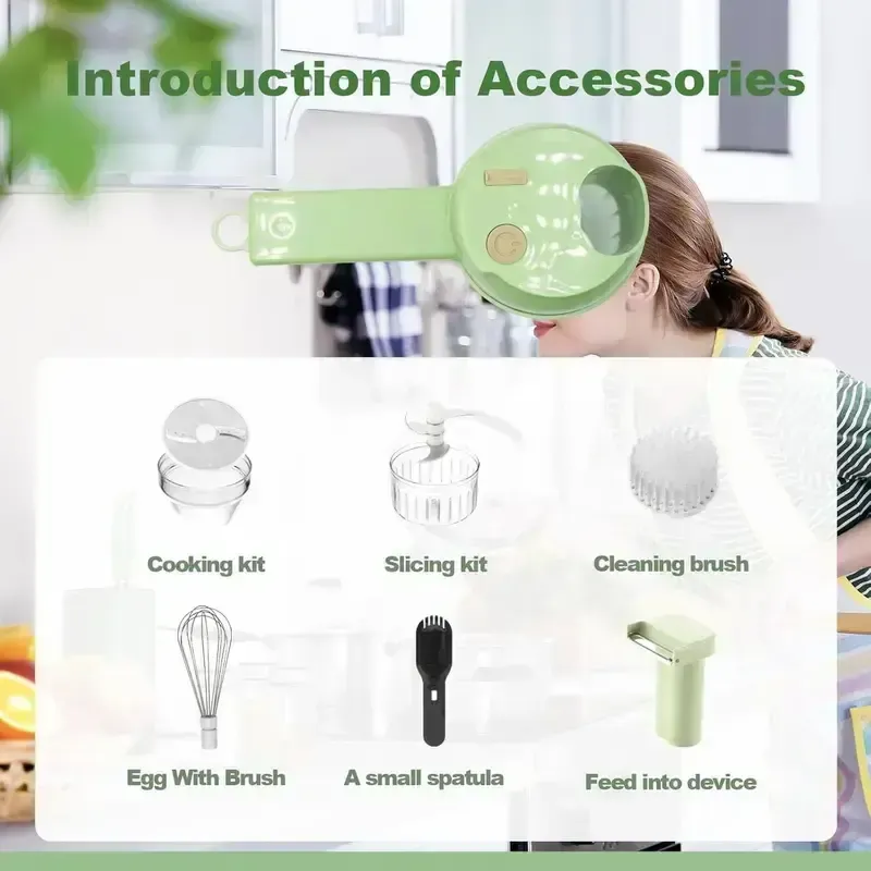 4-in-1 Handheld Electric Vegetable Cutter Set, Cordless Wireless Food Chopper & Garlic Mincer, Portable Mini Food Processor with Cleaning Brush for Onion, Pepper, Chili, Meat, Baby Food Prep, Easy Clean USB Rechargeable Kitchen Gadget Tool