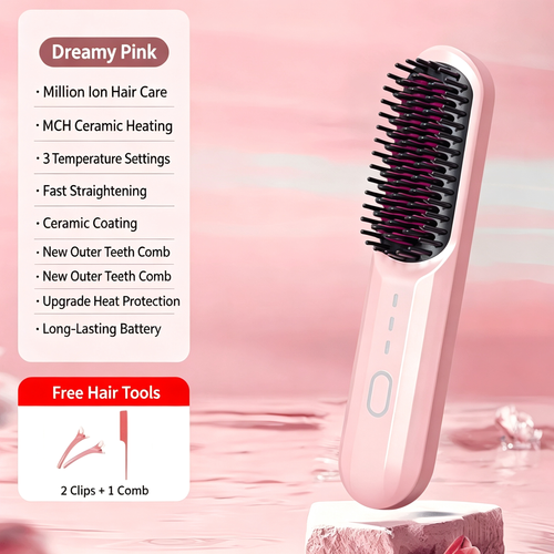 Wireless Straightening Comb with Negative Ions, No Damage to Hair, Curling and Straightening in One, High Top Straightening Clamp Curling Iron