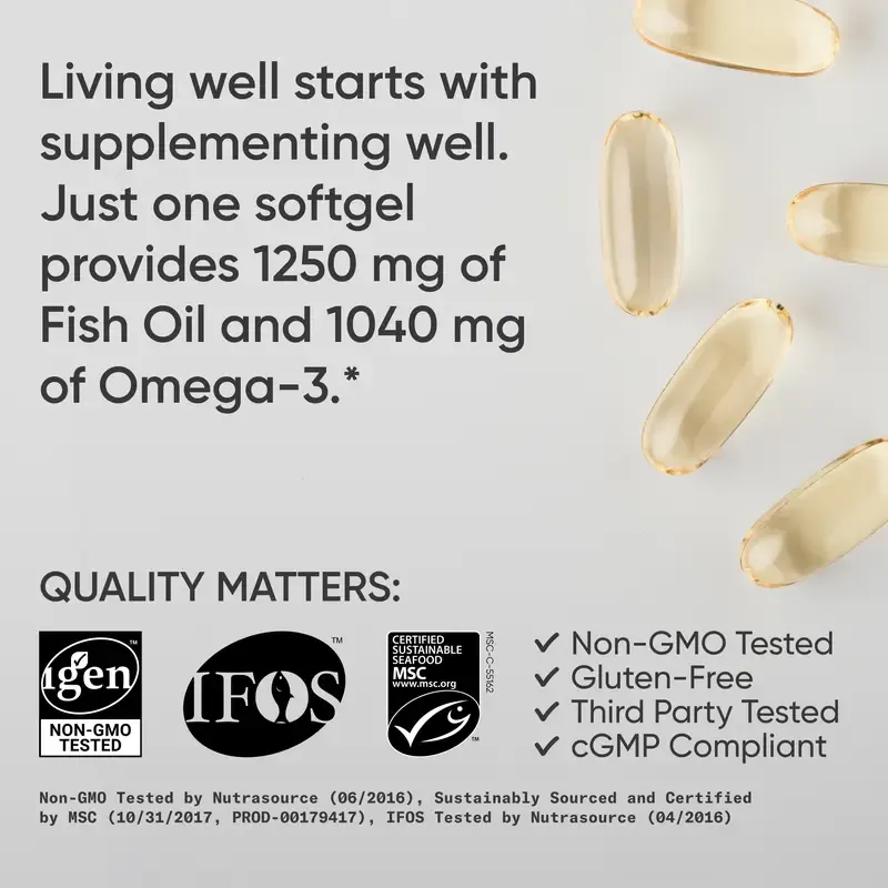 Sports Research Triple Strength Omega 3 Fish Oil - Burpless Fish Oil Supplement w- EPA & DHA Fatty Acids from Wild Alaskan Pollock - 1250 mg, 90 ct