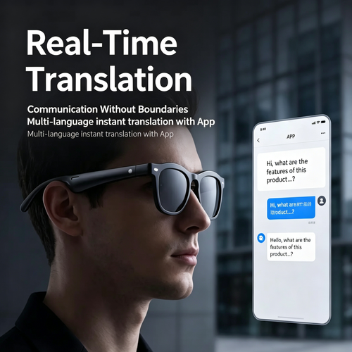AI Smart Glasses Multifunctional eyewear featuring translation capabilities, Bluetooth audio (music-navigation), and integrated Huaqiangbei-style earphone functionality.