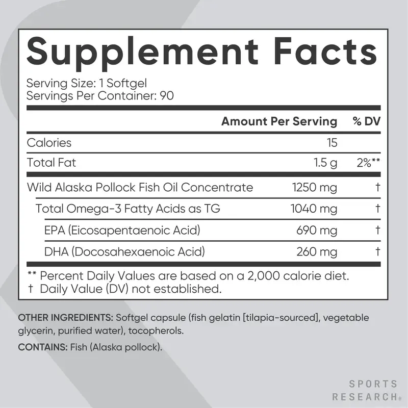 Sports Research Triple Strength Omega 3 Fish Oil - Burpless Fish Oil Supplement w- EPA & DHA Fatty Acids from Wild Alaskan Pollock - 1250 mg, 90 ct