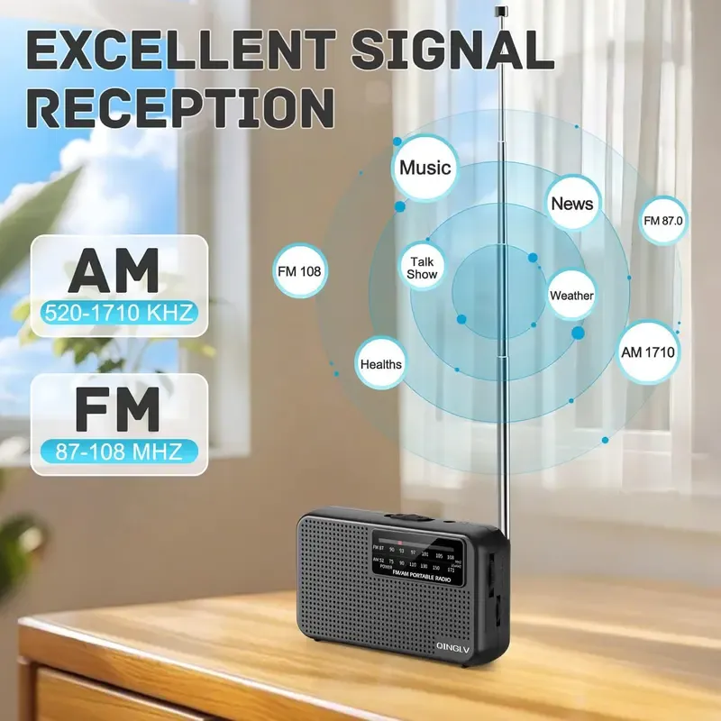 Mini Portable Am Fm Radio Player, 2aa Battery Powered, Telescopic Antenna, Loud Speaker & Headphone Jack, Ideal for Camping & Hiking