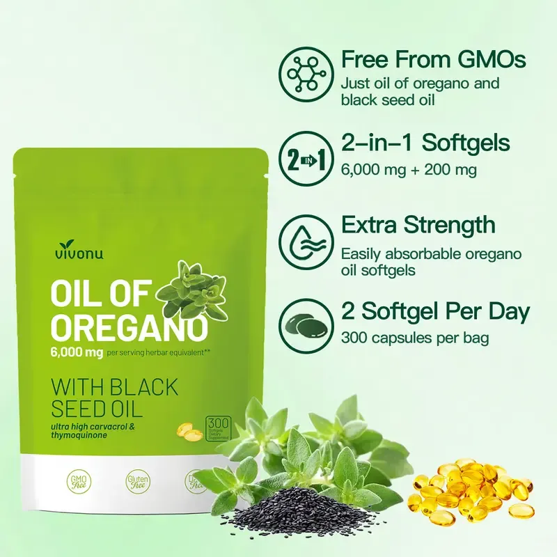 VivoNu Oil of Oregano with Black Seed Oil 300 Capsules | Natural Antioxidants | Nutritional Support | Highly Effective Dietary Healthcare Supplement