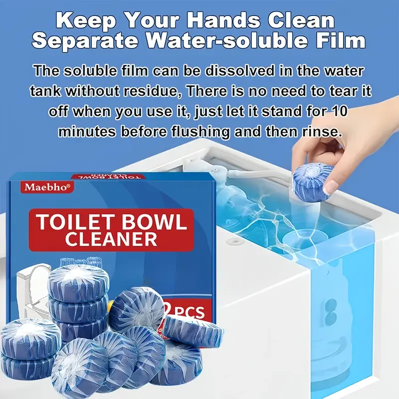 12PCS-24PCS Tank-Only Non-Bleach Wet-Activated Toilet Bowl Cleaners - Auto-Cleans Every Flush, Soluble Film, Residue-Free, Deodorizing, Stain-Resistant, Safe & Effective Household Packets, Light Blue Cleaning Water, 7-10 Days Use, Home Cleaning Supplies