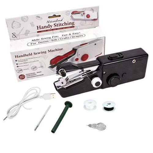 Portable handheld mini sewing machine for home use – simple, compact, and pocket-sized.