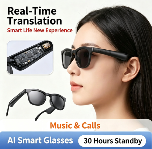 AI Smart Glasses Multifunctional eyewear featuring translation capabilities, Bluetooth audio (music-navigation), and integrated Huaqiangbei-style earphone functionality.