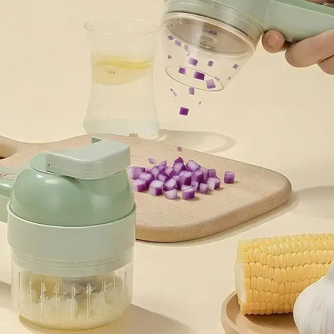 4-in-1 Handheld Electric Vegetable Cutter Set, Cordless Wireless Food Chopper & Garlic Mincer, Portable Mini Food Processor with Cleaning Brush for Onion, Pepper, Chili, Meat, Baby Food Prep, Easy Clean USB Rechargeable Kitchen Gadget Tool
