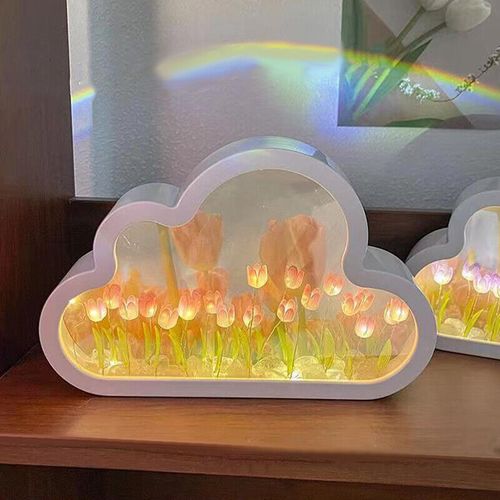 DIY Cloud Tulip LED Night Light Mirror Table Lamps Bedroom Ornaments Decoration