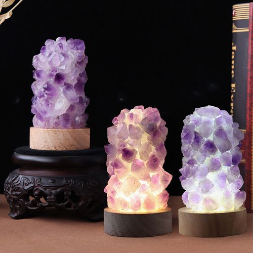 Amethyst Crystal Cluster Night Light USB Wooden Base Table Lamp Decor Craft DIY