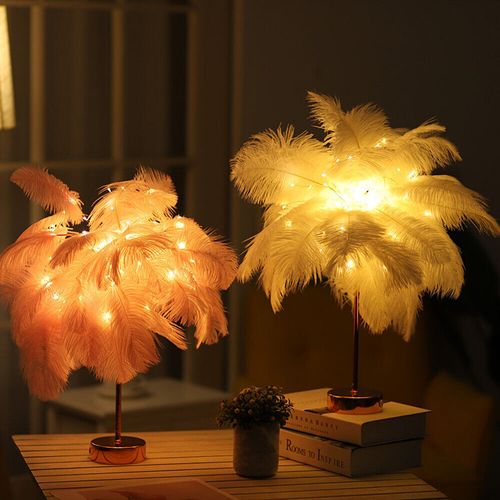 LED Feather Light Iron Metal Base Night Dandelion Table Lamp Home Xmas Decor DIY