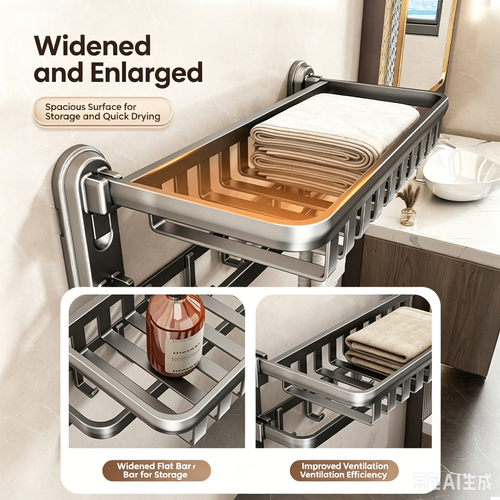 Suction Cup Flat Tube Double Folding Towel Rack with Hooks