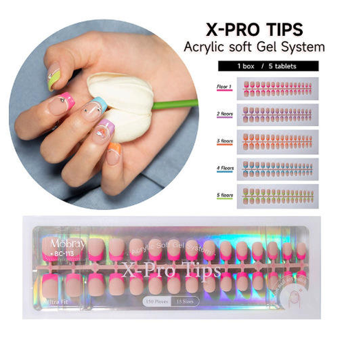 New French-style press-on nails, high-quality, 150 pieces per box, luminous and colorful.