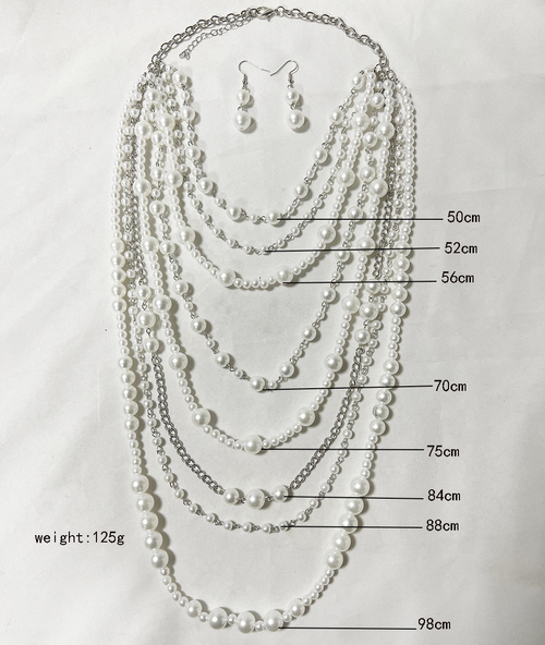 European and American style multi-layered pearl necklace and earring set with long beaded design.