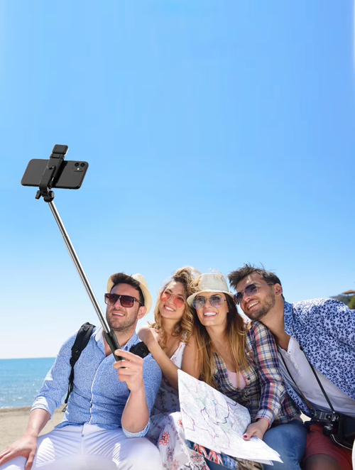 Foldable desktop tripod stand for mobile phone selfies and live streaming.