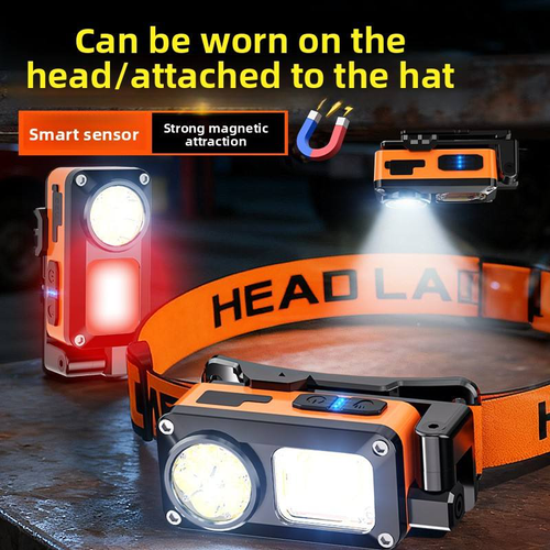 Induction headlamp with ultra-bright light, long battery life, waterproof design, strong magnetic attachment, and can be worn on the head or clipped onto a hat.