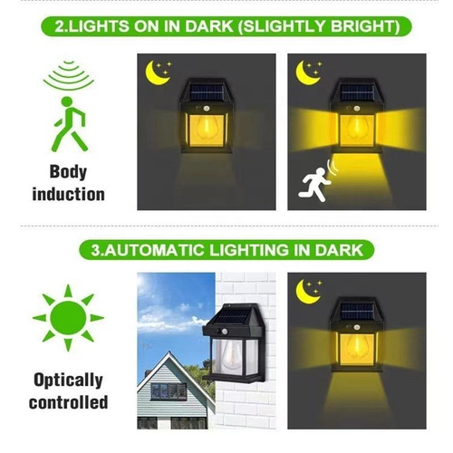 Outdoor solar wall lamp, waterproof tungsten filament light, motion sensor garden light, suitable for gardens, villas, and small houses (includes 2 lamps).