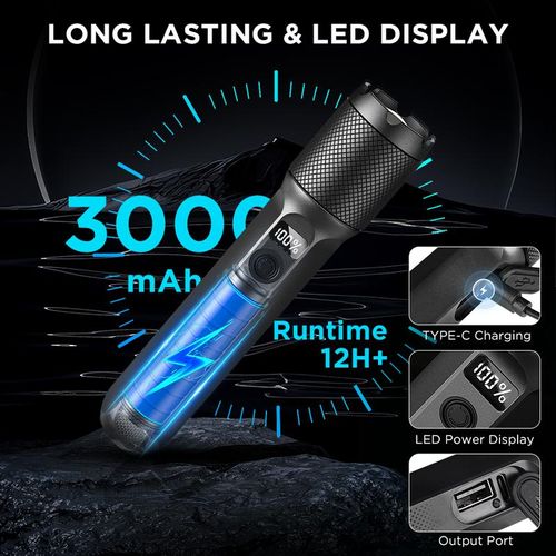 FUDUOO Flashlight LED, 2000LM, Rechargeable, Zoomable, LED Digital Display, Magnetic and Output Port, 7 Lighting Modes, Ultra-Powerful LED Flashlight for Camping Hiking Emergency