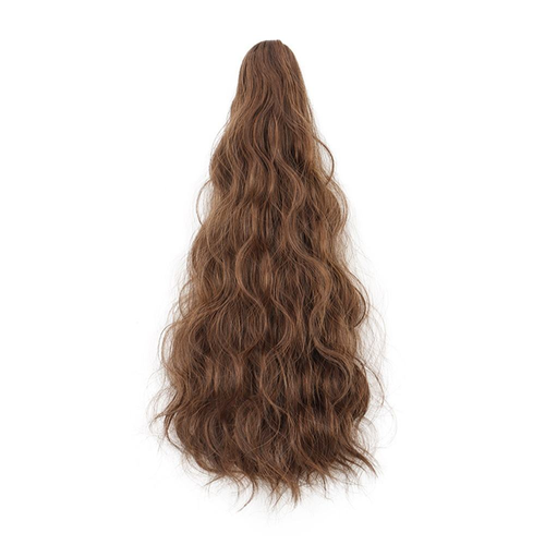 Light brown wavy wig ponytail with claw clip, high ponytail style.