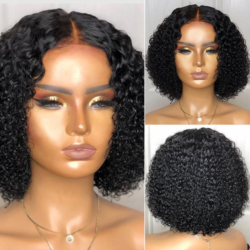 Black full head wig, short hair for women, with front lace and African-style small curls.