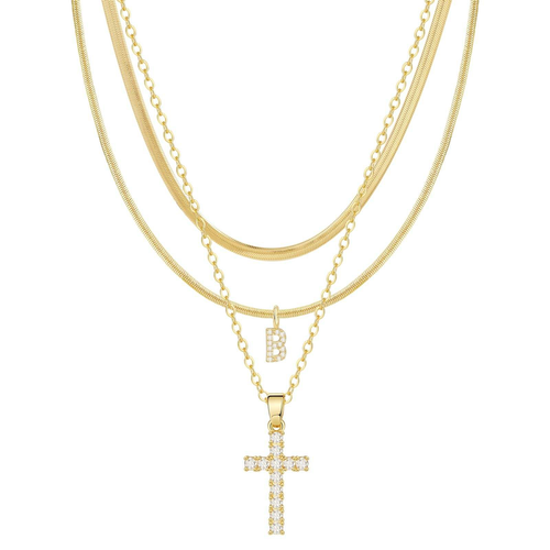 Cross pendant and snake bone chain layered necklace set