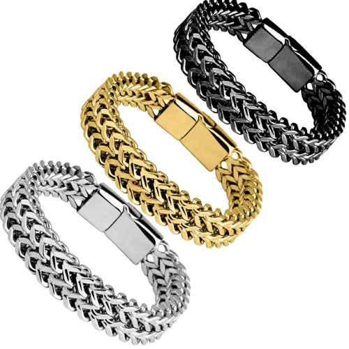European & American Style 18K Real Gold-Plated Bracelet — Bold & Distinctive Men's Electroplated Alloy Bracelet with Double Clasp, A Trendy and Striking Statement Piece
