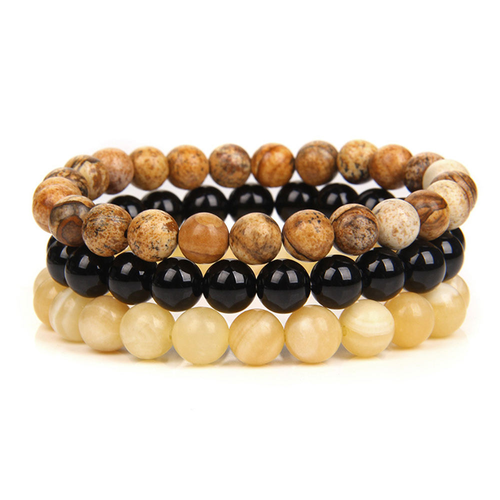 Natural Stone Bead Bracelets for Men and Women — Black Agate (3-Piece Set)