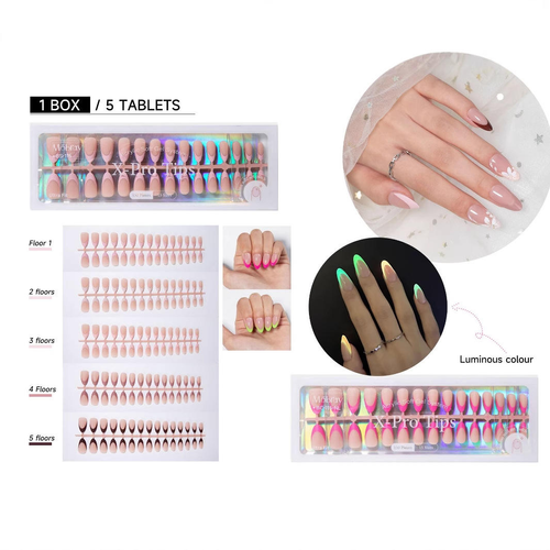New French-style press-on nails, high-quality, 150 pieces per box, luminous and colorful.