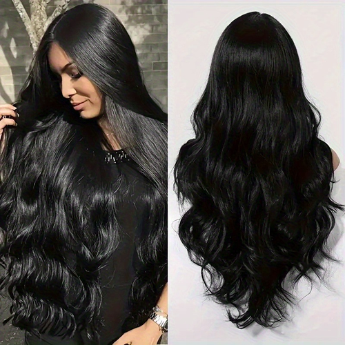 European and American style long wavy hair wig.（26-Inch Best-Selling Black Front Lace Wig — Large Wavy Curls）