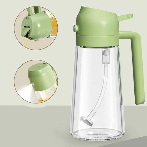Glass oil dispenser for home use, with both pouring and spraying functions.