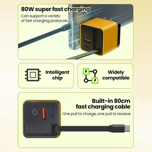 Retractable 80W GaN dual-port (A+C) PD fast charger, suitable for Apple and Huawei mobile phones.