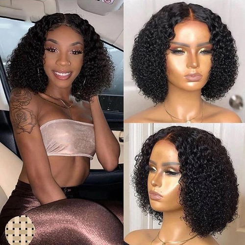 Black full head wig, short hair for women, with front lace and African-style small curls.
