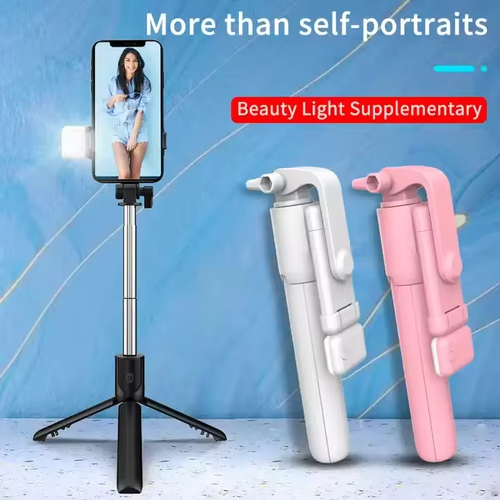 Foldable desktop tripod stand for mobile phone selfies and live streaming.
