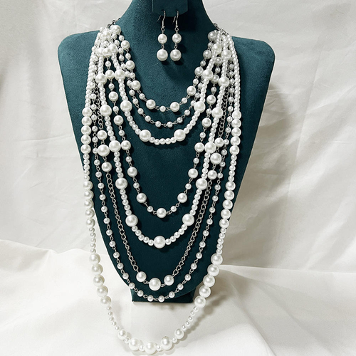 European and American style multi-layered pearl necklace and earring set with long beaded design.
