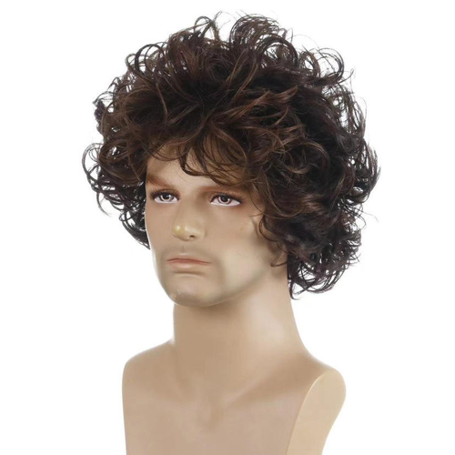 European and American style men's wig, fluffy dark brown wig.