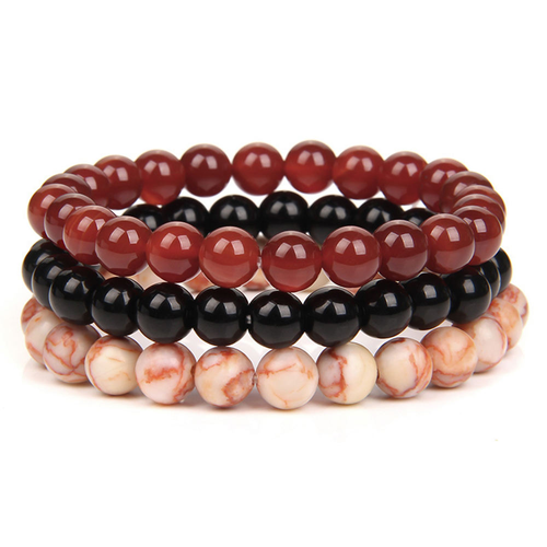 Natural Stone Bead Bracelets for Men and Women — Black Agate (3-Piece Set)