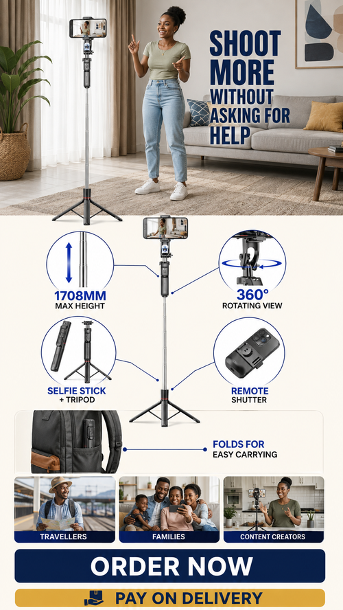🔥 HOT SALE 🔥 COD! F16 1708mm Selfie Stick Tripod | 360° Phone Holder | Remote Shutter | Handheld & Floor Stand | For Videos, Group Photos & Travel |Nairobi Inventory | Ships in 48 Hours | 7-Day No-Questions-Asked Returns and Exchanges. Cash-on-Delivery orders will be shipped from our Nairobi warehouse within 48 hours. Delivery takes 1–3 business days.