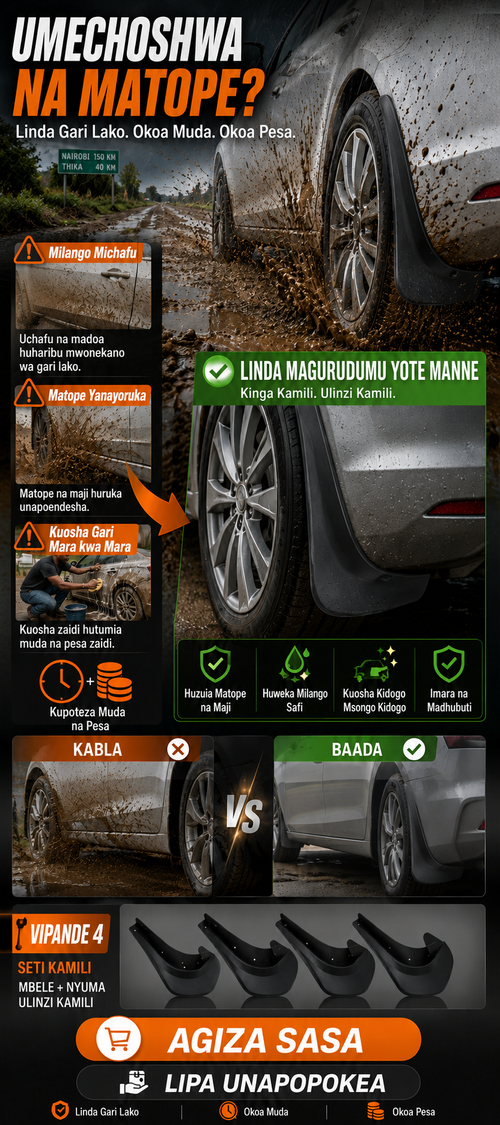🔥 OFA MAALUM 🔥 LIPA UNAPOPOKEA COD!  Vizuia Matope vya Magari | Husaidia Kulinda Gari Dhidi ya Matope Maji Yanayoruka na Barabara Chafu | Inafaa Magari SUV na Pikapu Nyingi | Bidhaa Zipo Nairobi | Hutumwa Ndani ya Saa 48 | Marejesho na Mabadilishano Ndani ya Siku 7 Bila Maswali  Oda za malipo wakati wa kupokea zitatumwa kutoka ghala letu la Nairobi ndani ya saa 48. Uwasilishaji huchukua siku 1 hadi 3 za kazi.