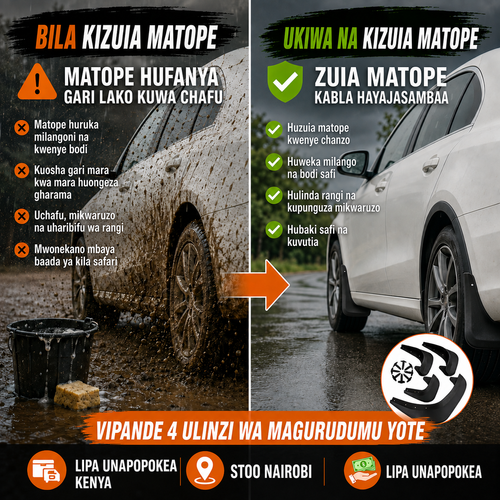 🔥 OFA MAALUM 🔥 LIPA UNAPOPOKEA COD!  Vizuia Matope vya Magari | Husaidia Kulinda Gari Dhidi ya Matope Maji Yanayoruka na Barabara Chafu | Inafaa Magari SUV na Pikapu Nyingi | Bidhaa Zipo Nairobi | Hutumwa Ndani ya Saa 48 | Marejesho na Mabadilishano Ndani ya Siku 7 Bila Maswali  Oda za malipo wakati wa kupokea zitatumwa kutoka ghala letu la Nairobi ndani ya saa 48. Uwasilishaji huchukua siku 1 hadi 3 za kazi.