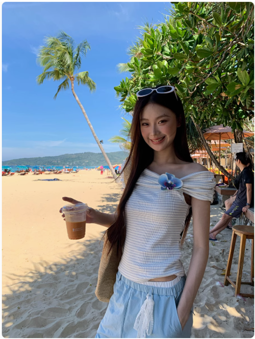 短袖t恤女夏新款爆款法式條紋藍色一字肩短款性感上衣