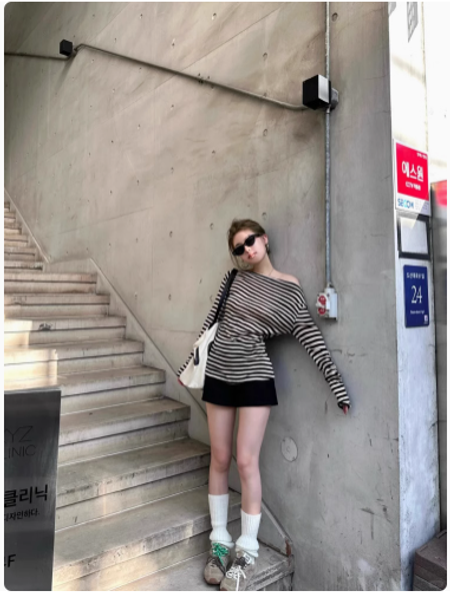 韓系chic別緻套裝露肩t恤衫時尚辣妹斜肩條紋長袖上衣短褲女春夏