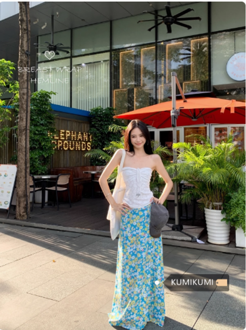 海邊度假風套裝法式抽繩抹胸背心上衣女夏季藍色碎花半身裙兩件套